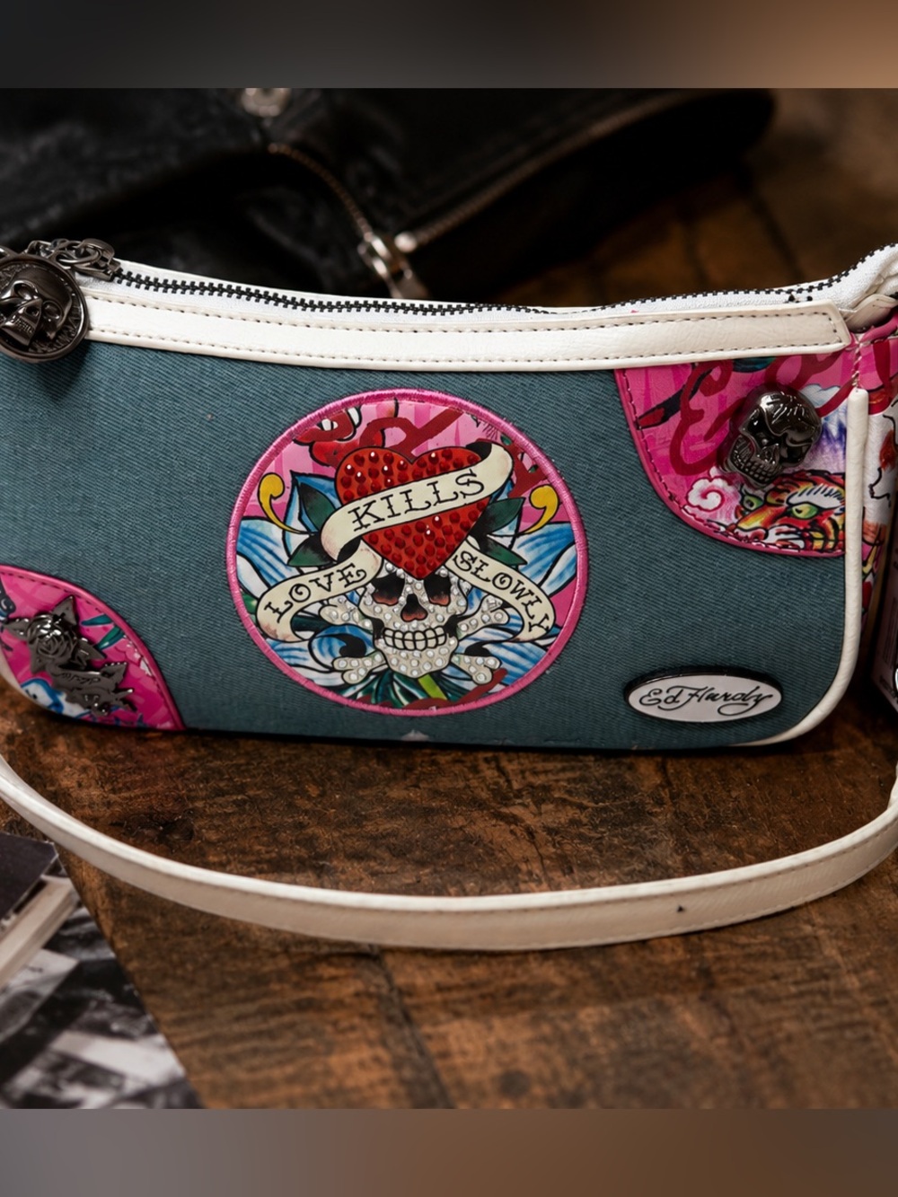 NWT Ed Hardy Love Kills Slowly Pink Skull Heart Rhinestone Shoulder Tattoo Purse